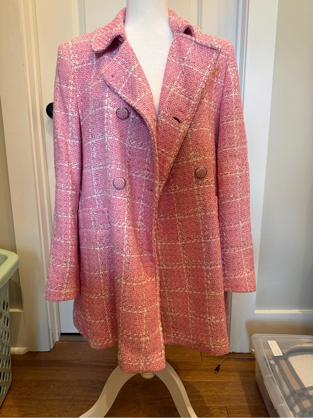 Zara Pink Tweed Double-Breasted Pea Coat